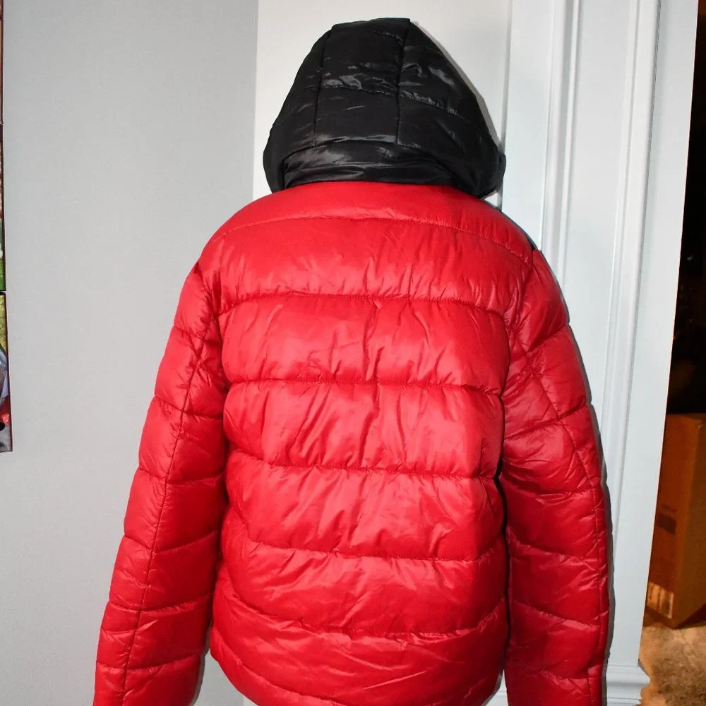 Point Zero Color Block Matte Shine Puffer Jacket in RED Size: LARGE #7958037DL_3